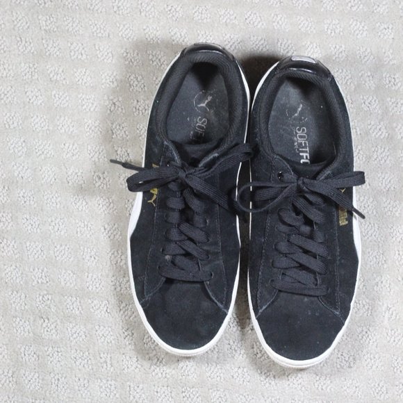 Puma Size 9 Black Suede with White Stripe and Gold Logo - Picture 3 of 9